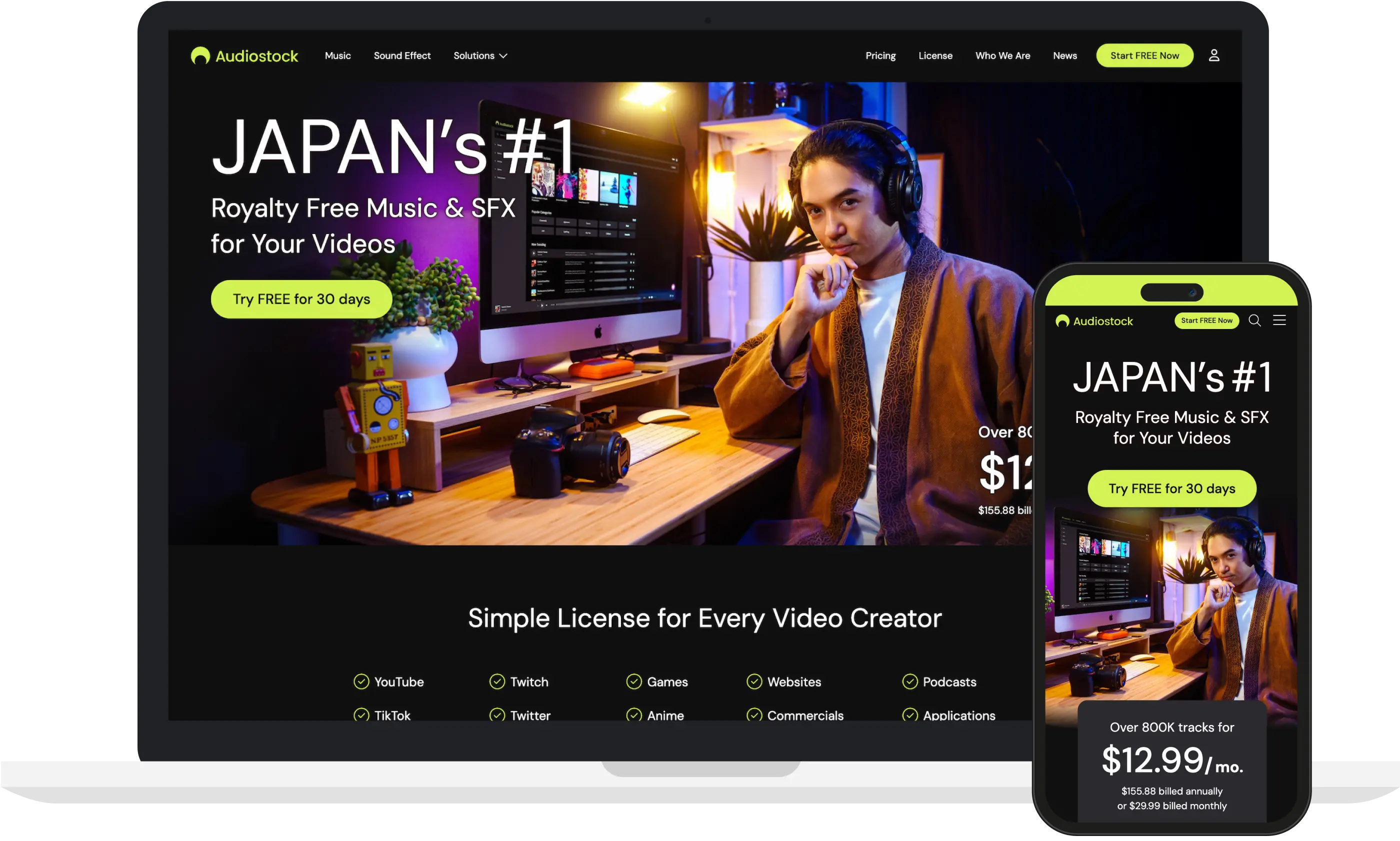 海外版のAudiostockのサービス画面をパソコンとスマートフォンに表示したイメージ