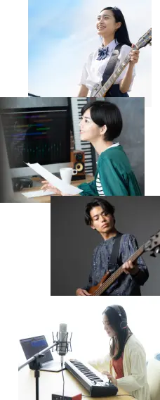 複数の音楽クリエイターの集まり:ギターを弾く学生、パソコンで音楽を作る女性、ベースを弾く男性、ミキサーを調整する手、ギターとヘッドホン、ピアノを前にヘッドホンをつけた女性